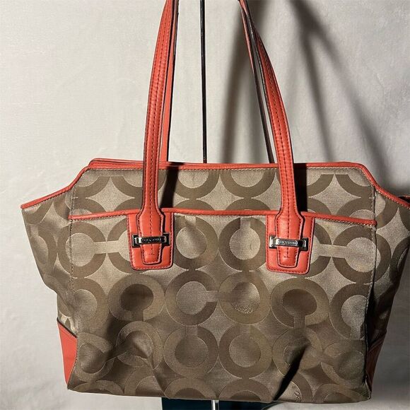 Coach Women's Brown/Tan Op Art Shoulder Bag with Coral Trim - Picture 1 of 13